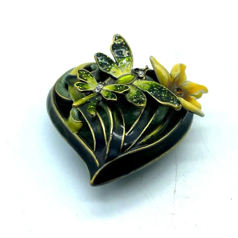 Green Heart‎ Shaped Trinket Box Dragonflies and Flower Enameled Rhinestones